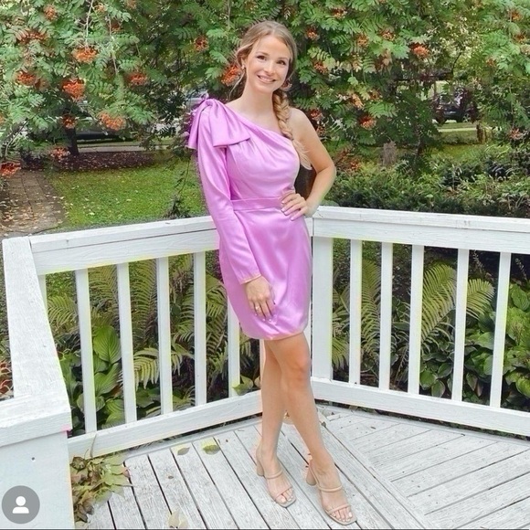 Mac Duggal Ieena Satin One-Sleeve Minidress Orchid - Picture 1 of 14